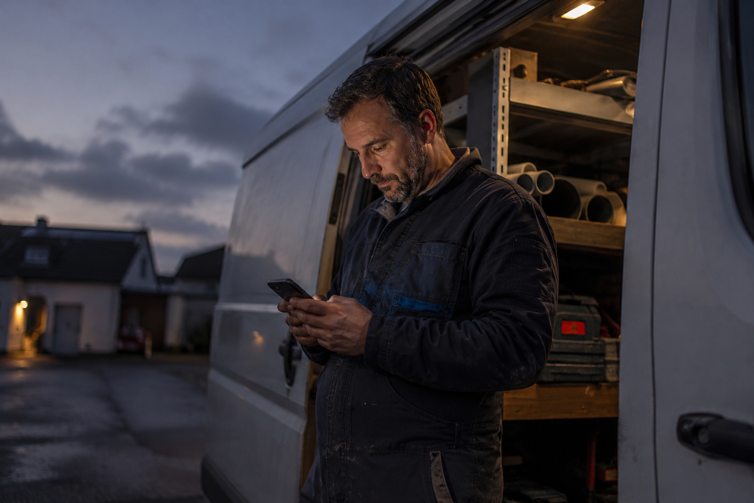Plombier regardant son téléphone près de son camion, sans clients trouvés en ligne