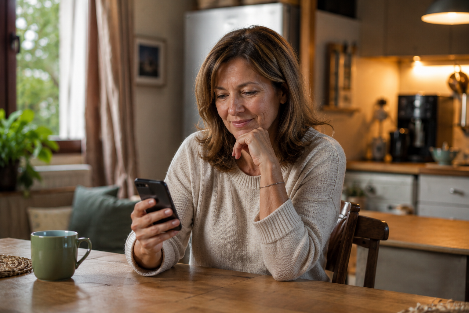 Femme consultant les avis clients d'un artisan avant de le contacter